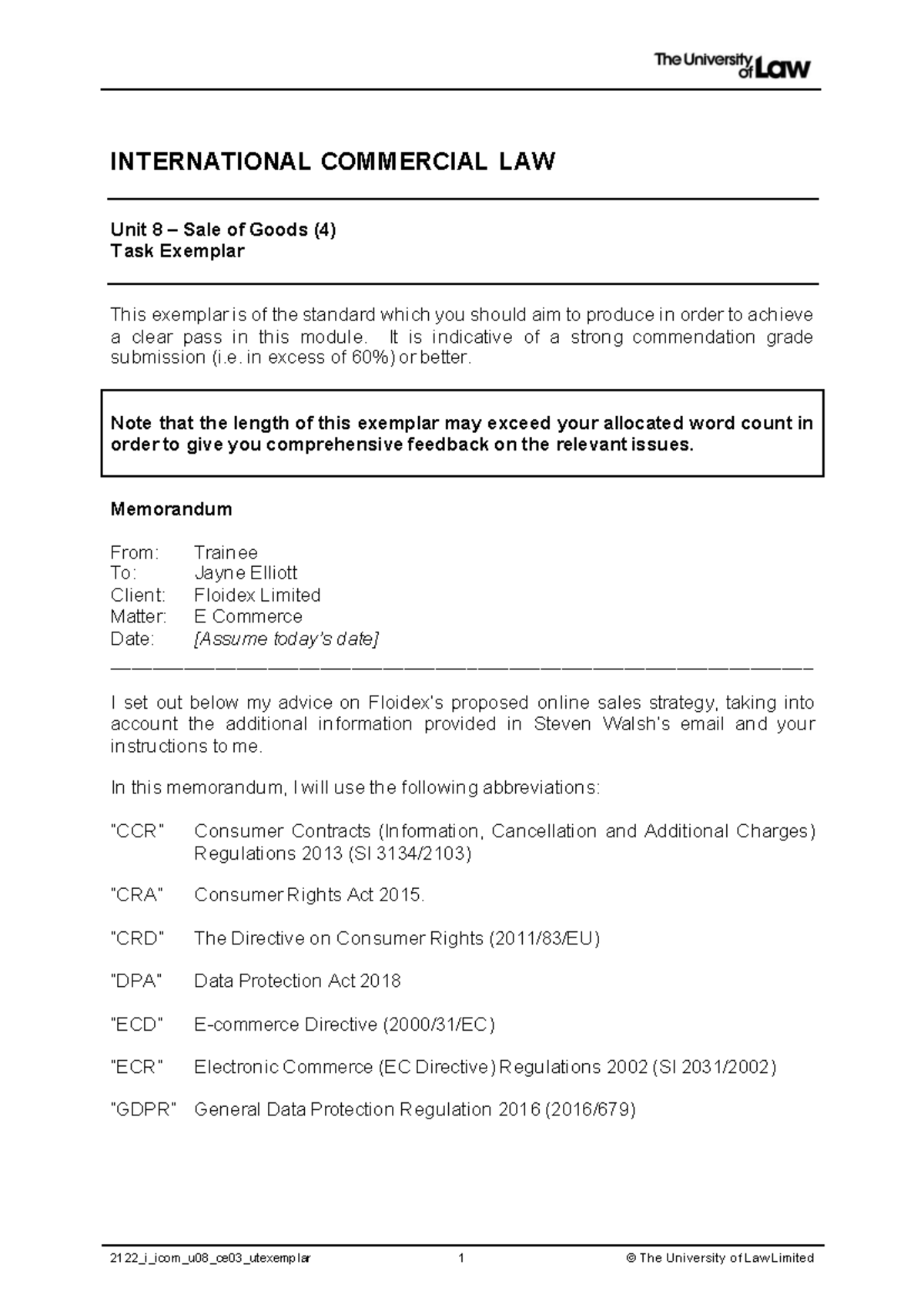 INTERNATIONAL COMMERCIAL LAW Unit 8 Sale of Goods Exemplar Guide - Studocu