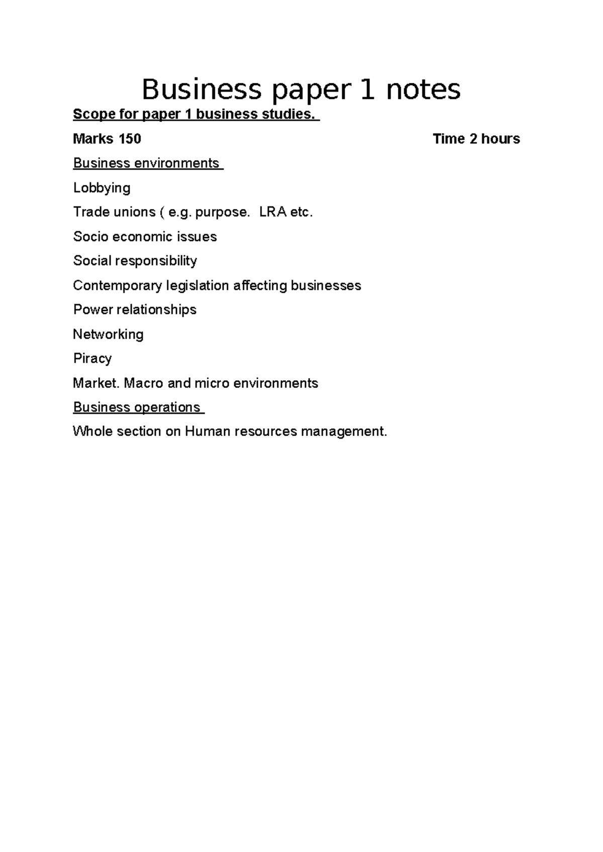 Business Paper 1 Lecture Notes: Key Topics & Concepts - Studocu