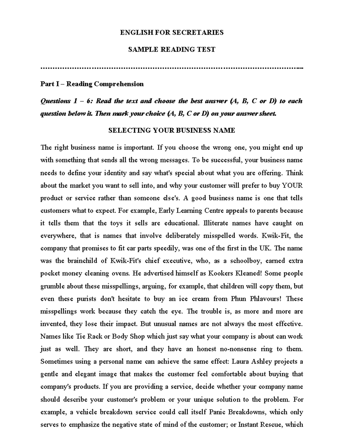 ENGLISH FOR SECRETARIES READING TEST: BUSINESS NAME SELECTION - Studocu