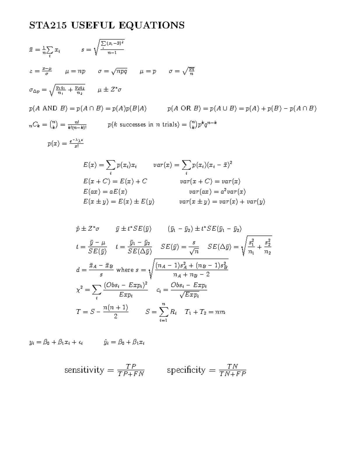 STA215 USEFUL EQUATIONS FOR STATISTICS AND PROBABILITY STUDY - Studocu