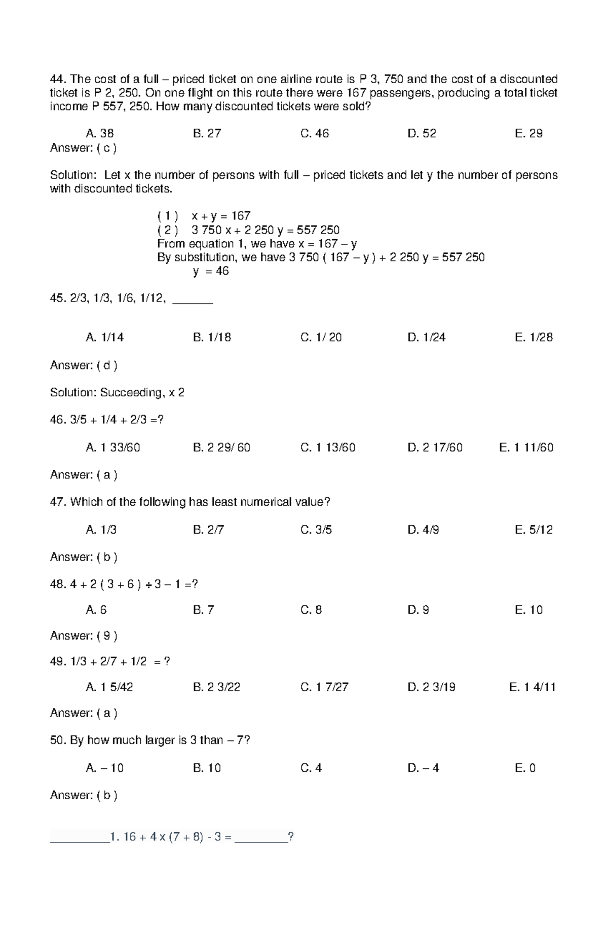 Math Reviewer for Civil Service Exam 5: Ticket Pricing Problems - Studocu