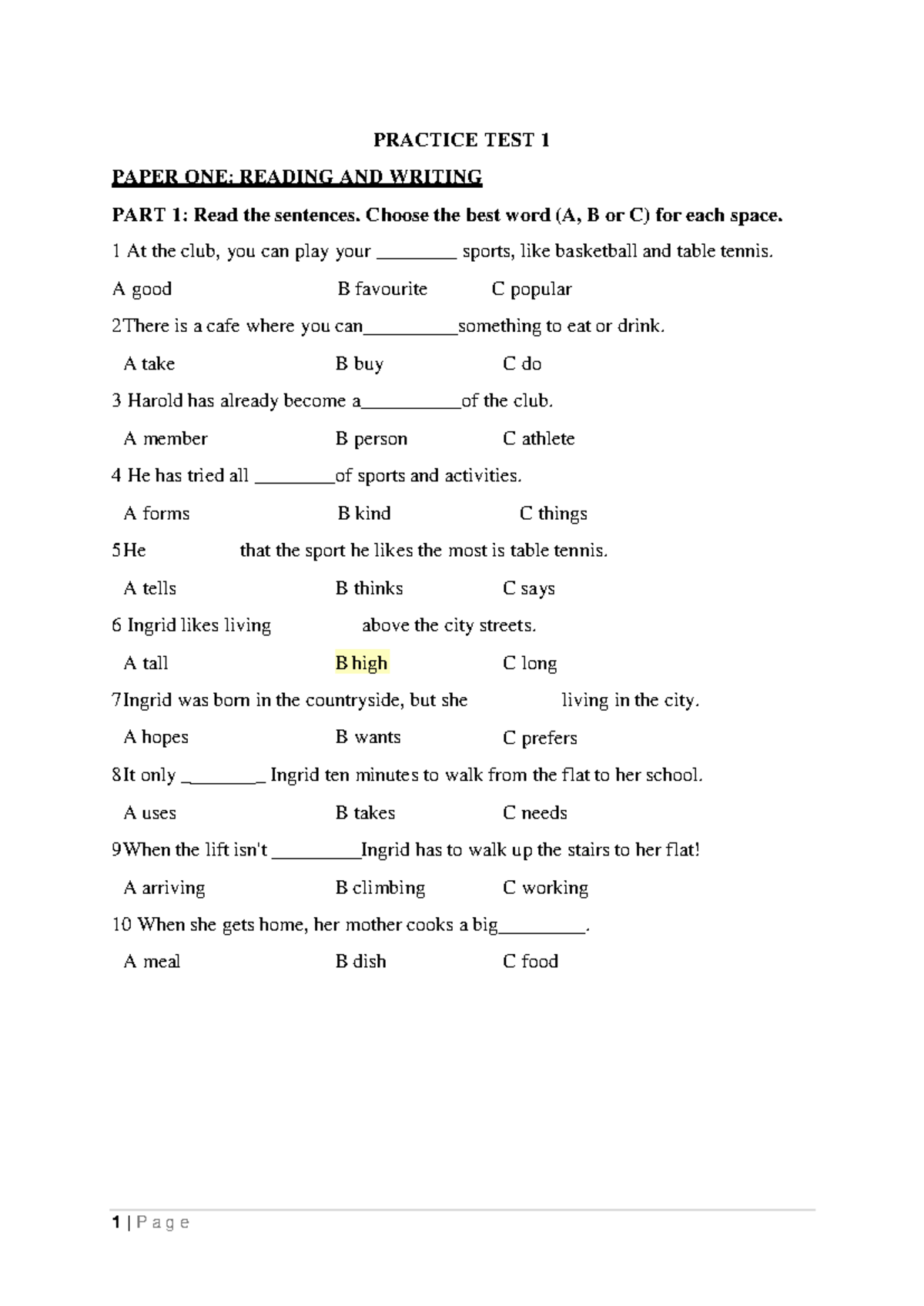 PRACTICE TEST 1 PAPER ONE: READING AND WRITING EXERCISES - Studocu