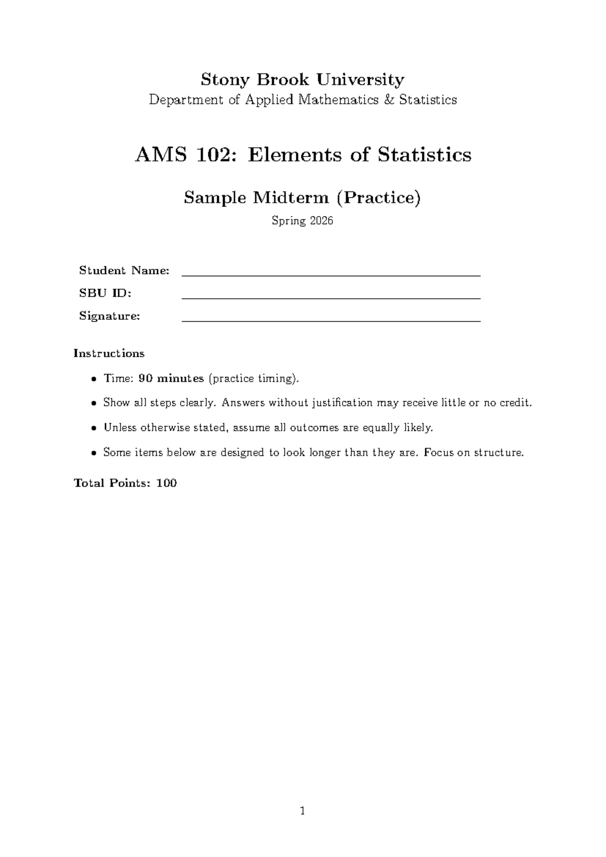 AMS 102: Elements of Statistics Sample Midterm Practice Spring 2026 ...