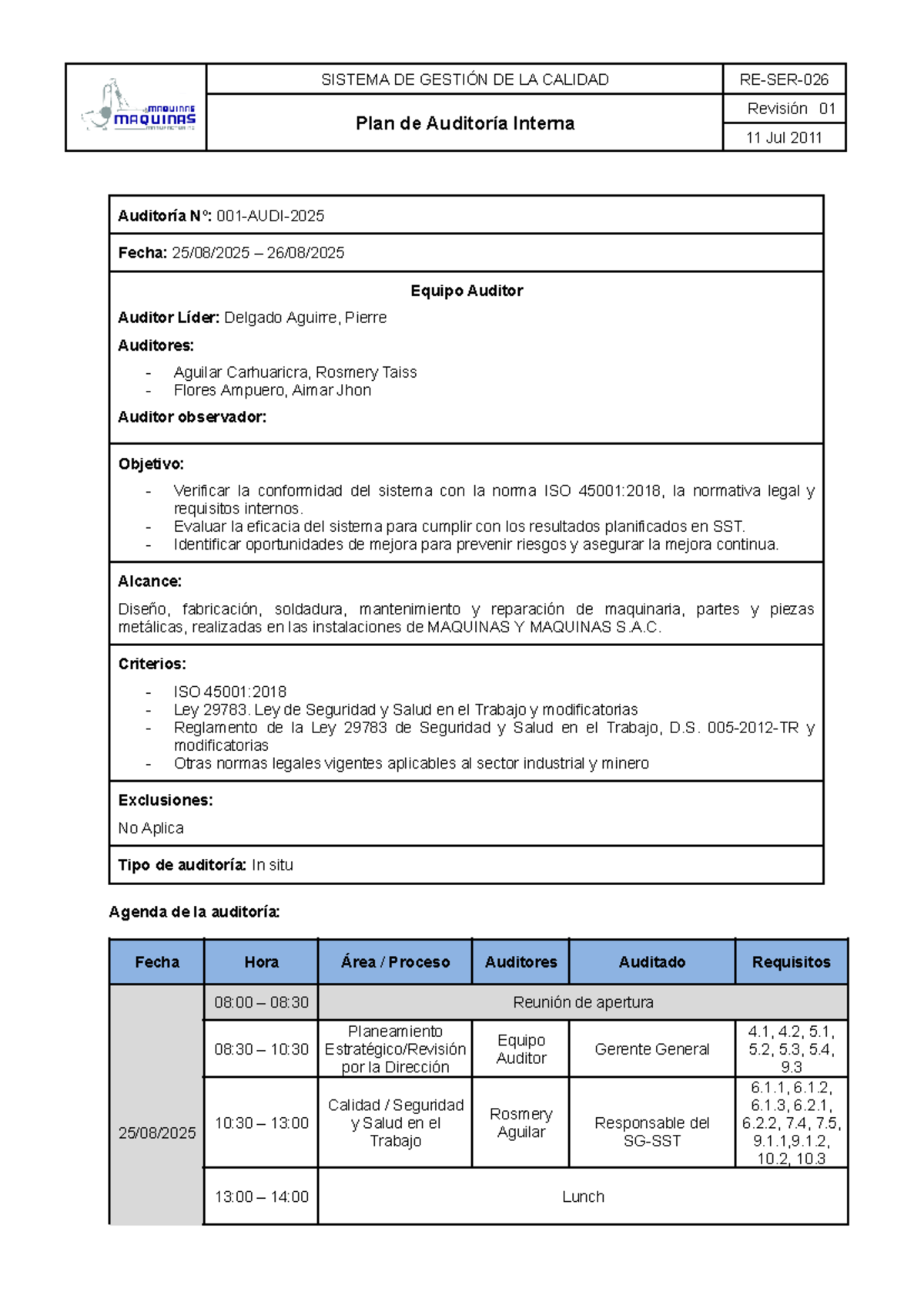 PLAN DE AUDITORÍA INTERNA ISO 45001:2018 - Revisión 01 - Studocu