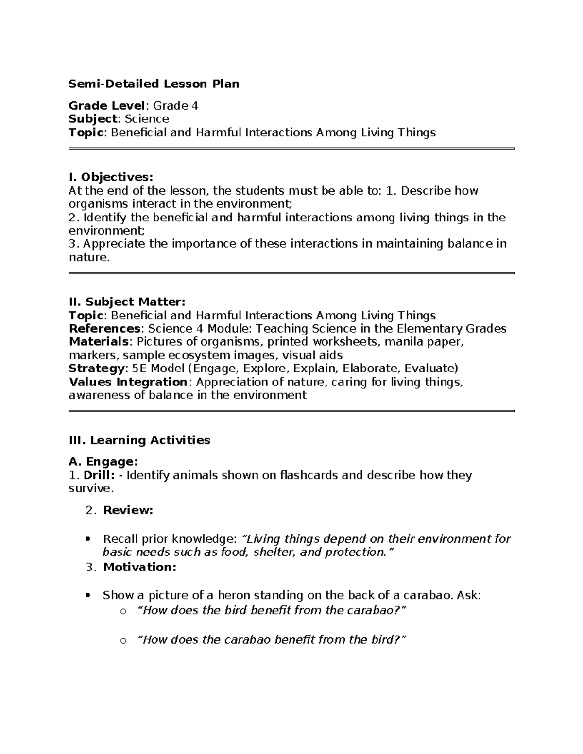 Lesson Plan: Grade 4 Science on Beneficial & Harmful Interactions - Studocu