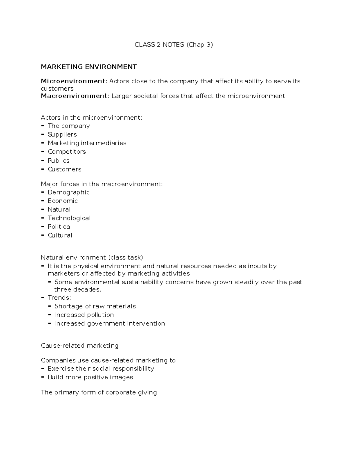 Chapter 3 lecture notes - CLASS 2 NOTES (Chap 3) MARKETING ENVIRONMENT ...