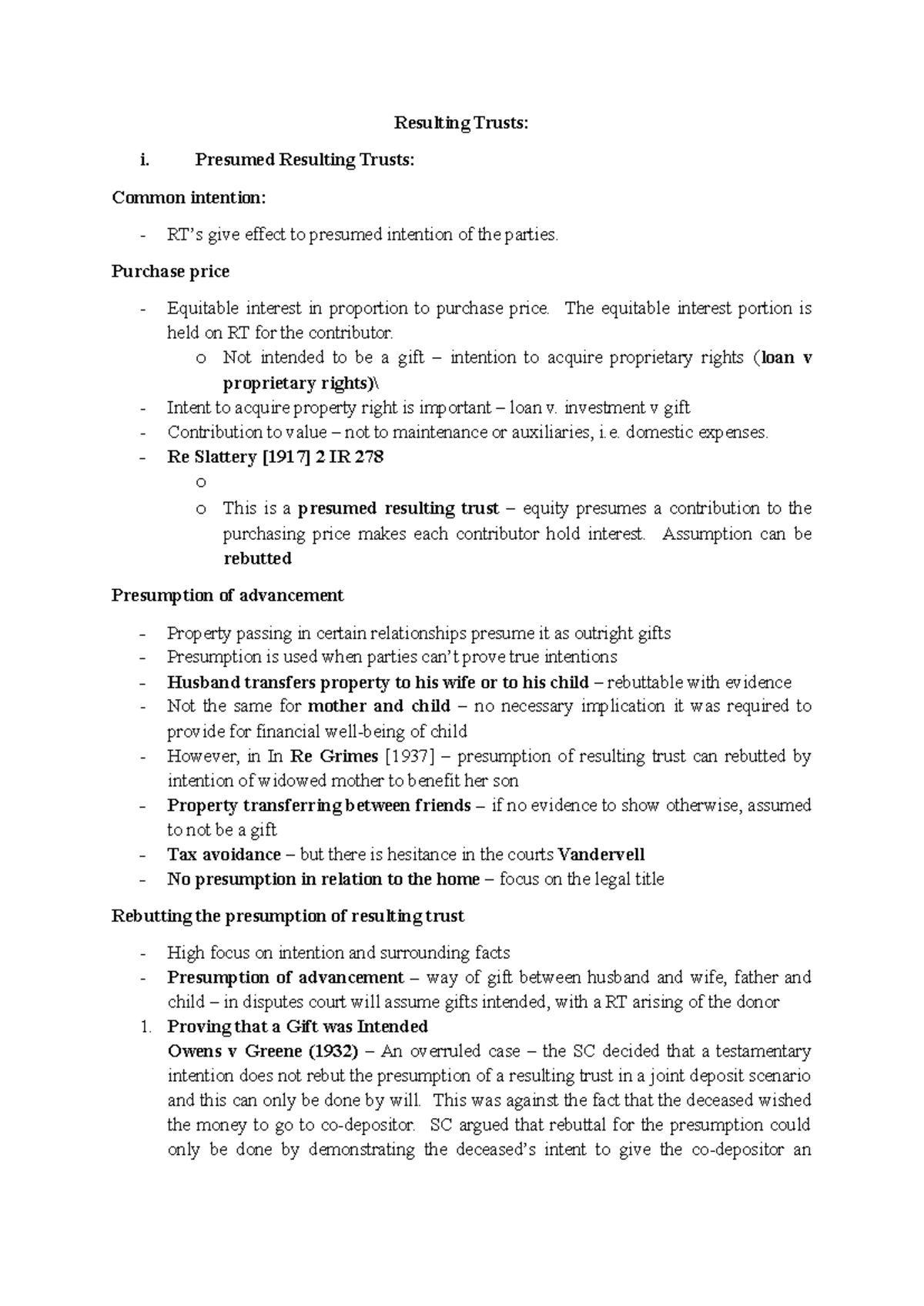 Resulting Trusts: Lecture & Reading Notes (Law 101) - Studocu