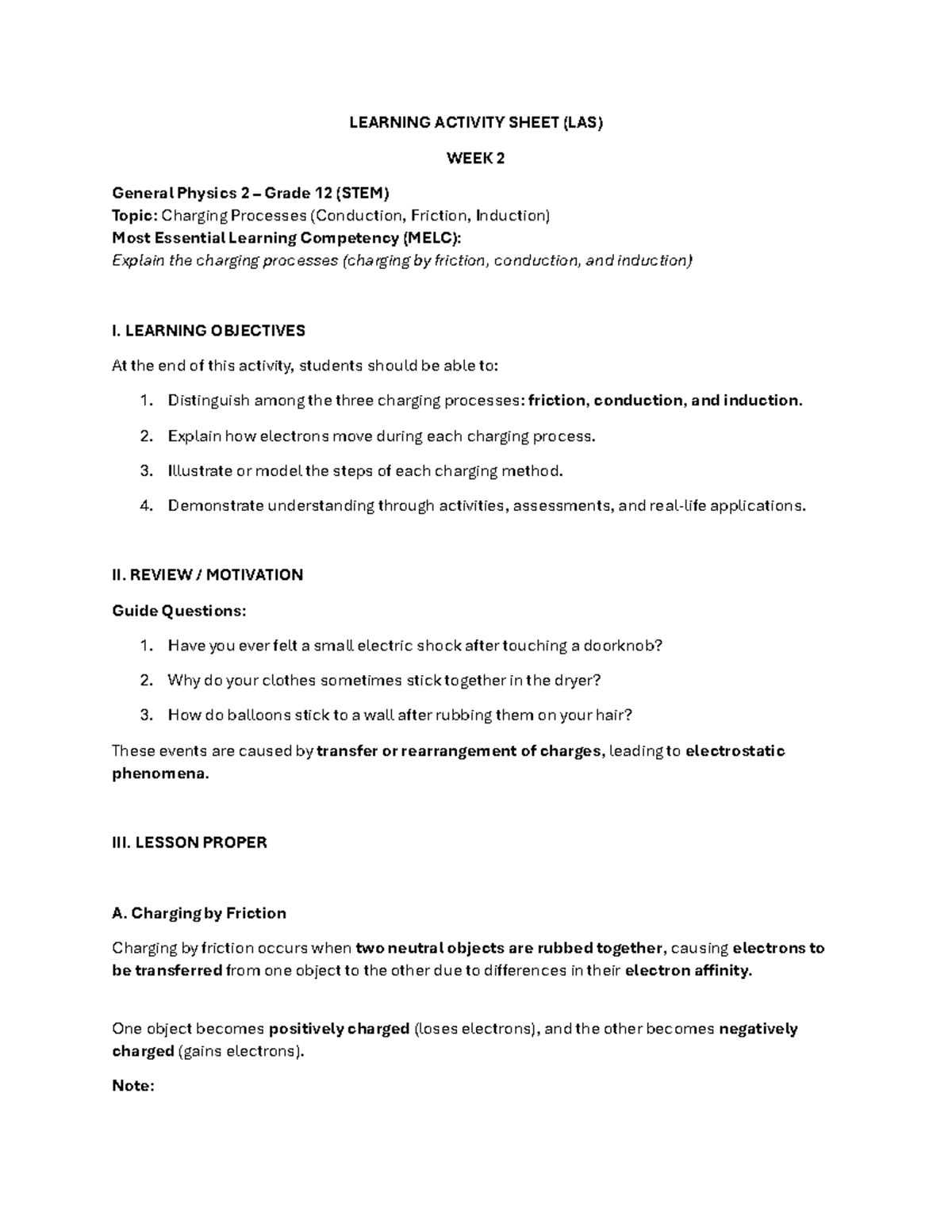 LAS Physics 2 Week 2: Charging Processes (Conduction, Friction ...