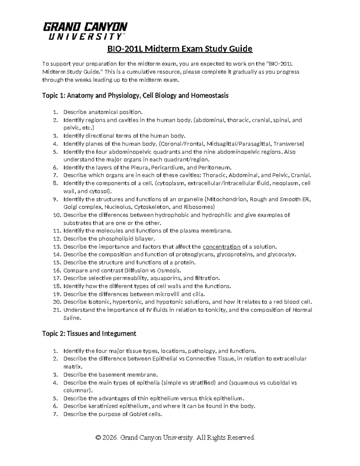 Midterm Exam Study Guide: Anatomy, Tissues, and Skeleton (BIO 202 ...