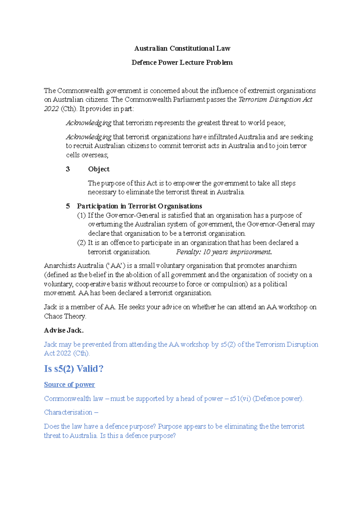 Defence Power Lecture Problem - Australian Constitutional Law 2022 ...