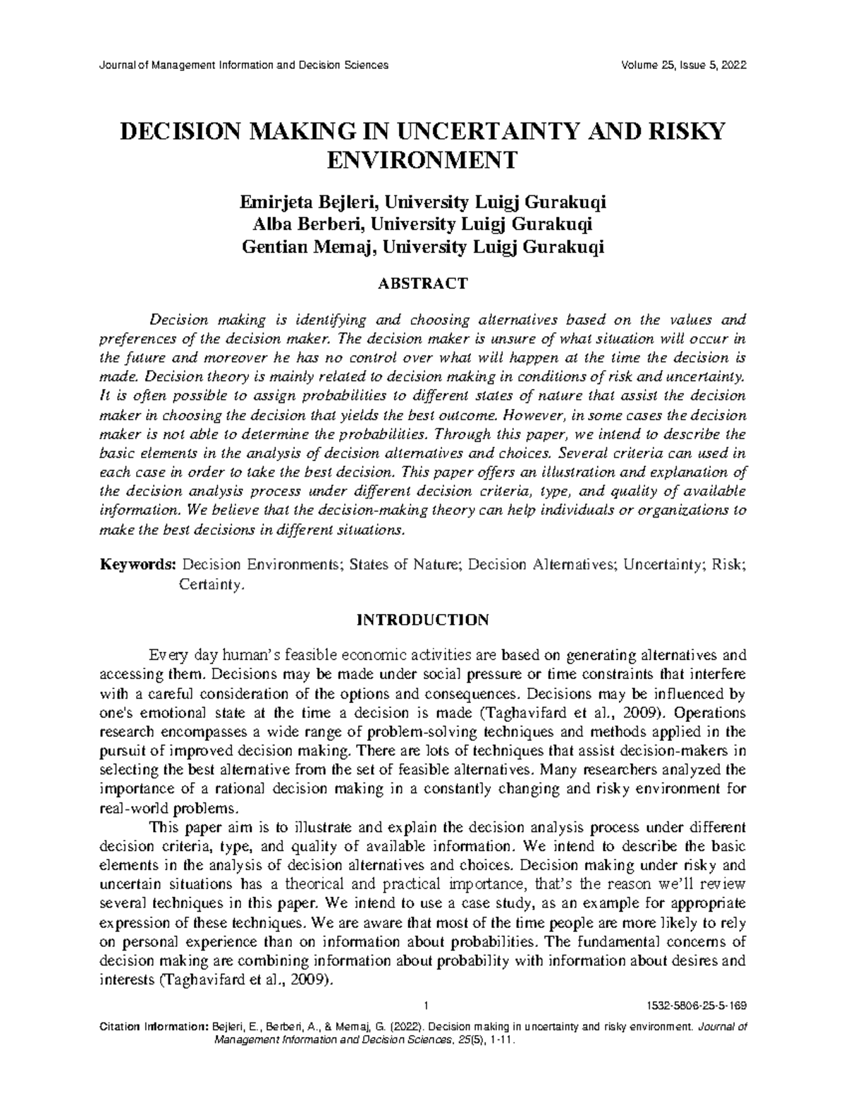 Decision Making in Uncertainty and Risky Environments - JMIS 25(5 ...