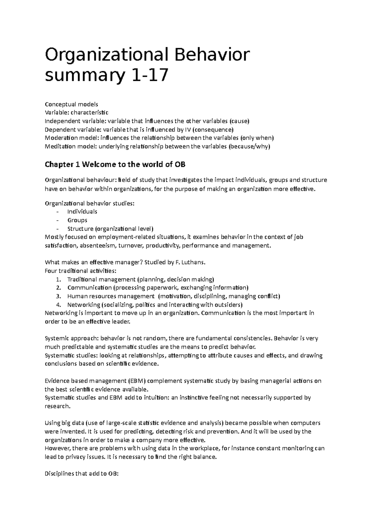 Organizational Behavior: Key Concepts and Insights (Summary) - Studeersnel