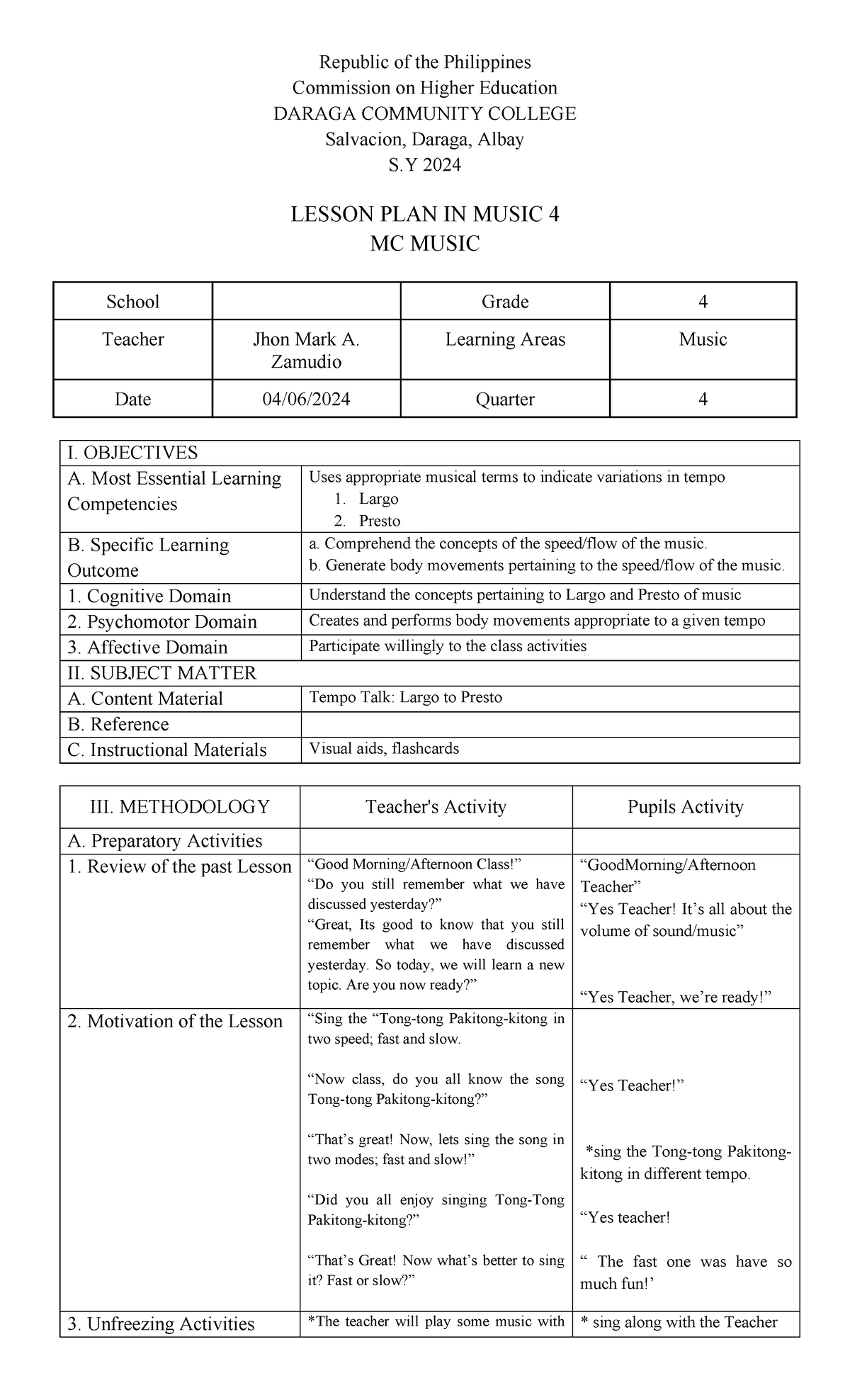 Lesson Plan in Music 4 (MC MUSIC) - Understanding Tempo Variations ...