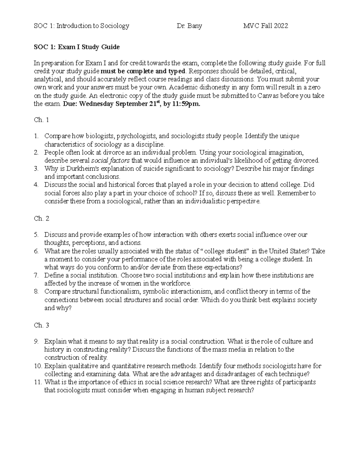 SOC 1: Exam I Study Guide for Introduction to Sociology - Fall 2022 ...
