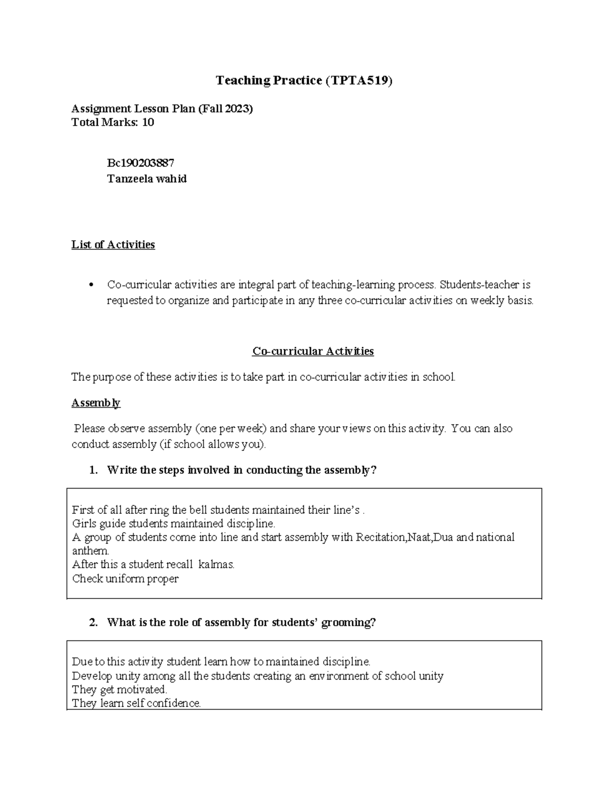 TPTA519 Assembly Assignment & Lesson Plan Reflection (Fall 2023) - Studocu