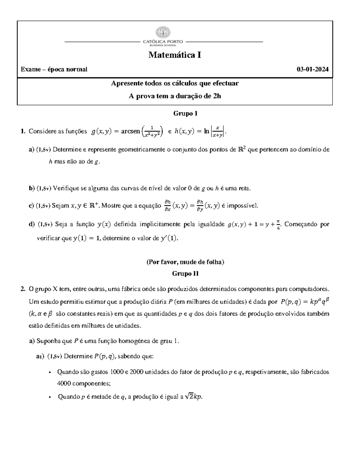 Matemática I - Exame Normal - 3 Jan 2024 - Cálculos e Funções - Studocu