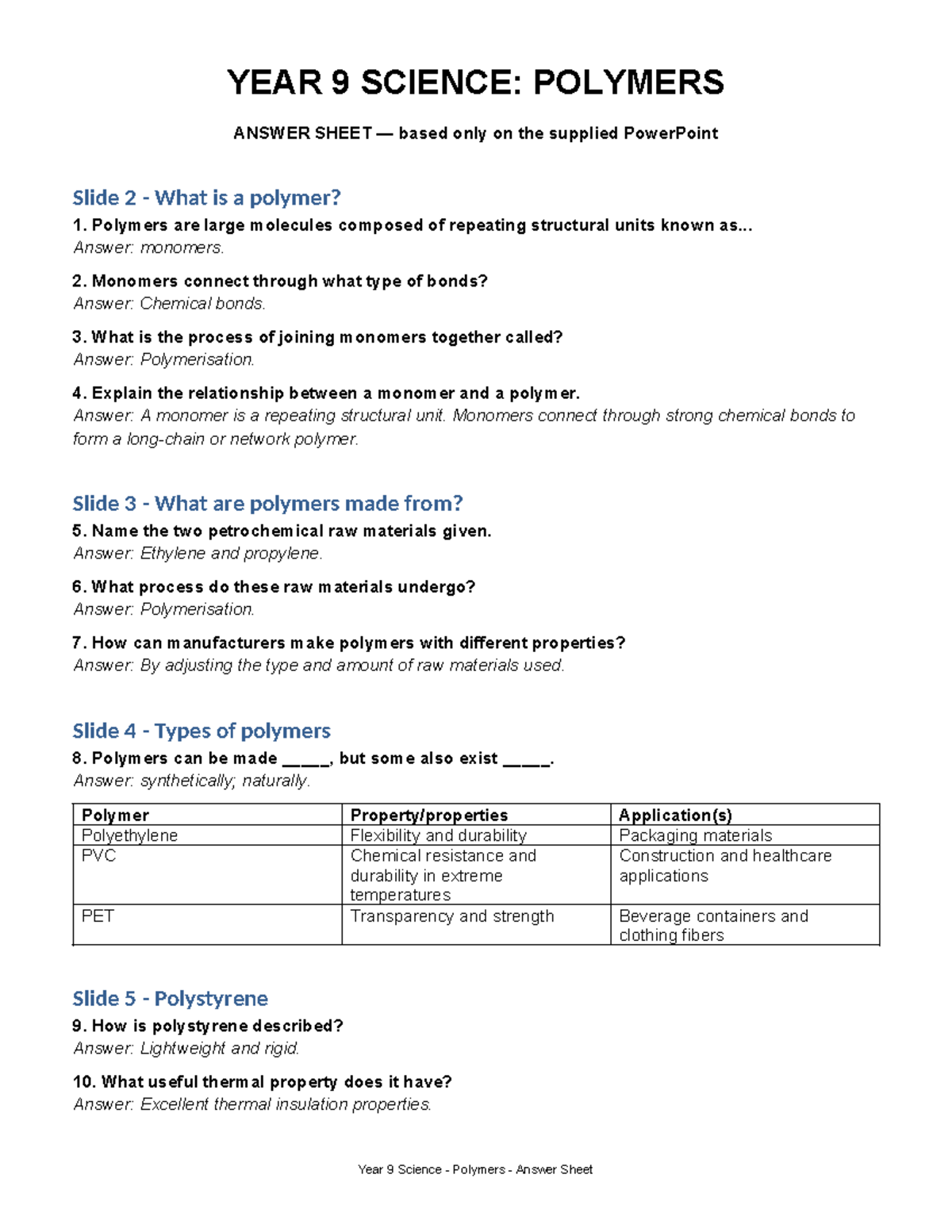 YEAR 9 SCIENCE: POLYMERS WORKSHEET ANSWERS - Studocu