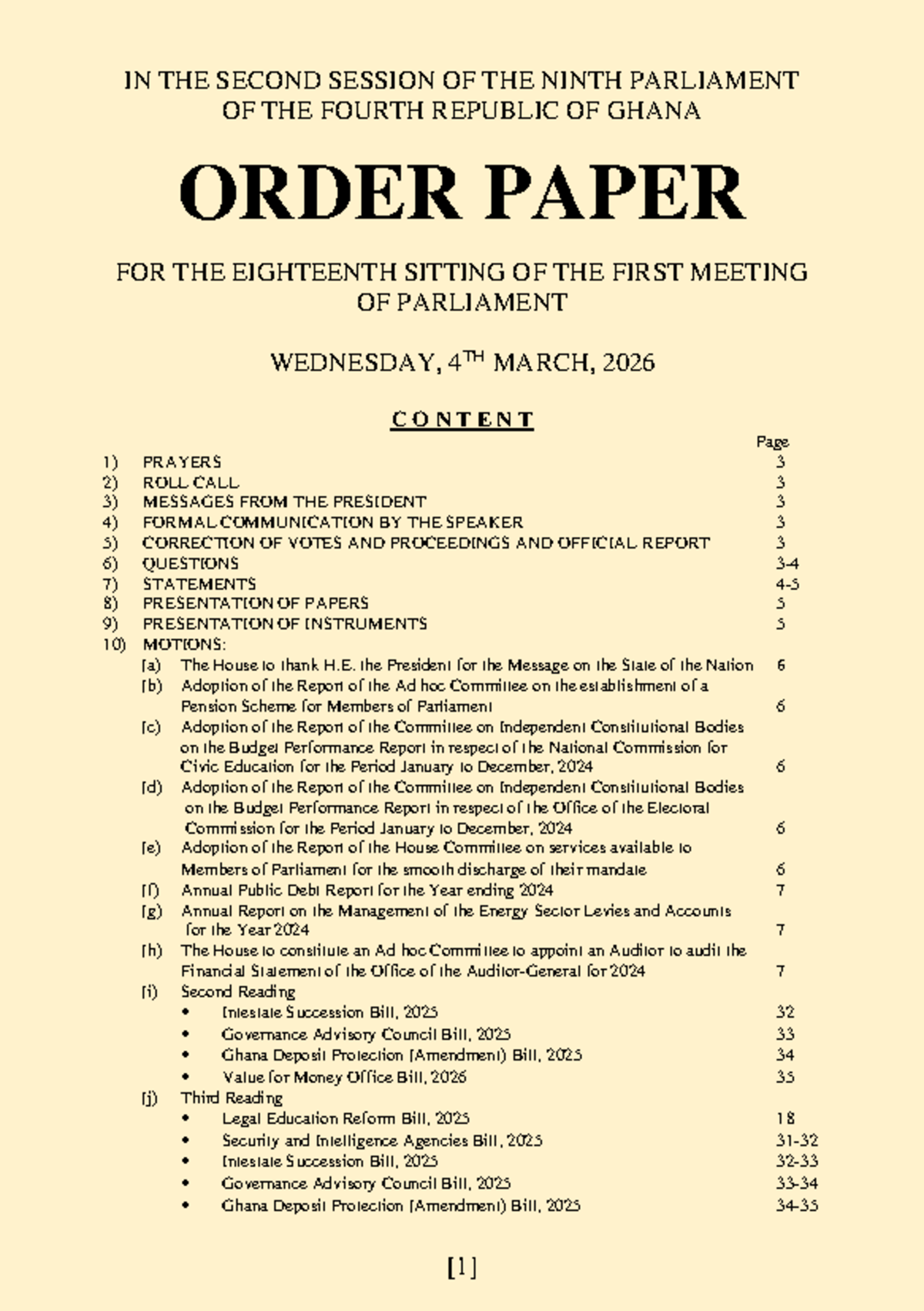 Order Paper for the 18th Sitting of Ghana's 9th Parliament - 4th Mar ...