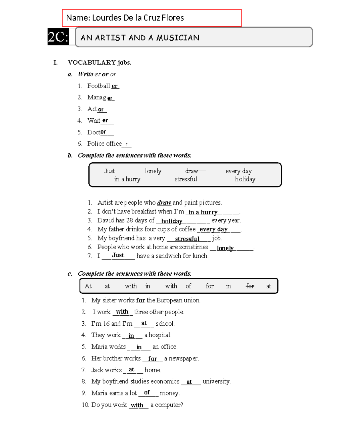 2C - JOBS - Vocabulary and Sentence Completion Activities - Studocu