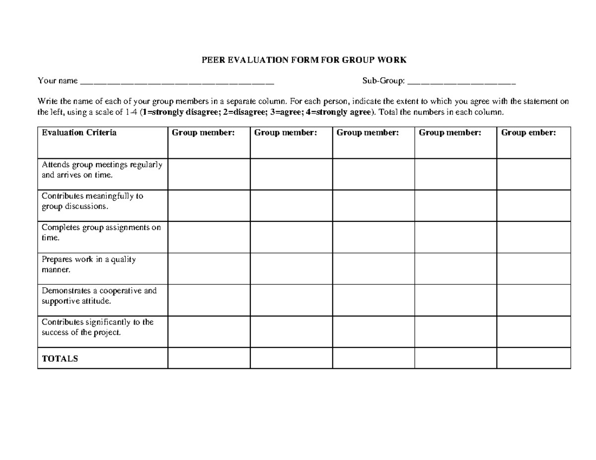 Peer Evaluation Form for Group Work Assessment - Studocu