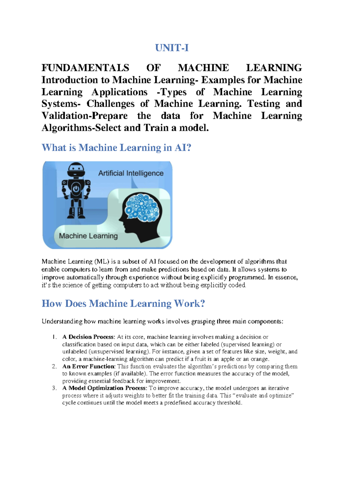 UNIT-I: Fundamentals of Machine Learning and Data Preparation - Studocu