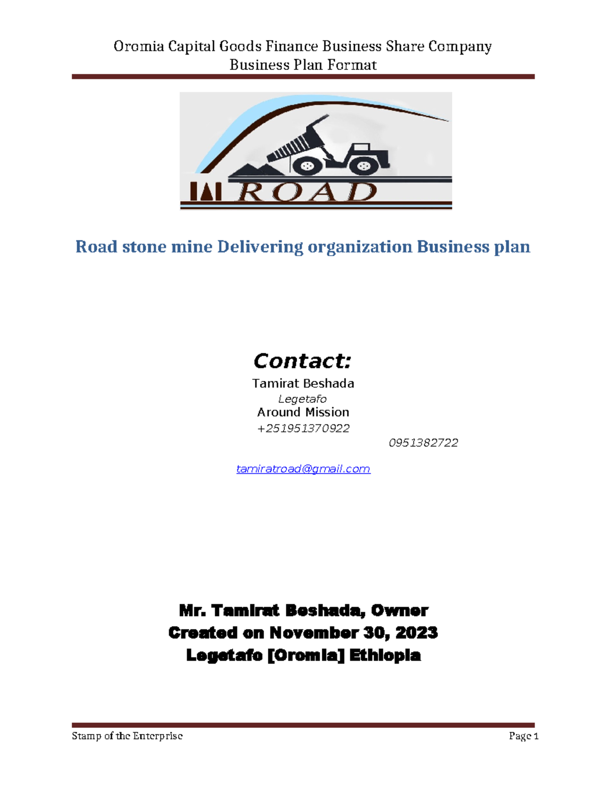 Business Plan Format for Road Stone Mine (Business Plan) - Studocu