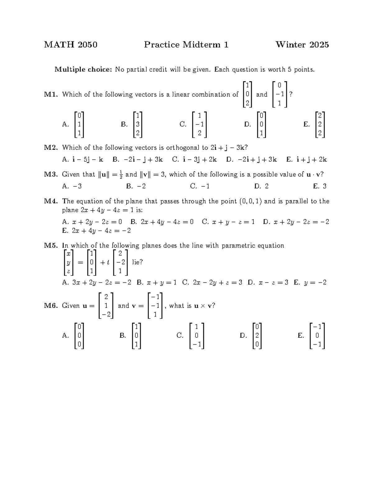 MATH 2050 Practice Midterm 1 Solutions for Winter 2025 - Studocu