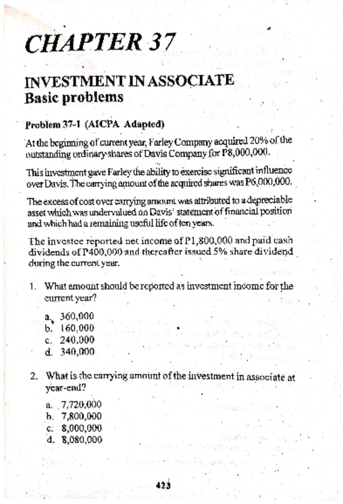 CHAPTER 37: INVESTMENT IN ASSOCIATE - AICPA Adapted Problems - Studocu