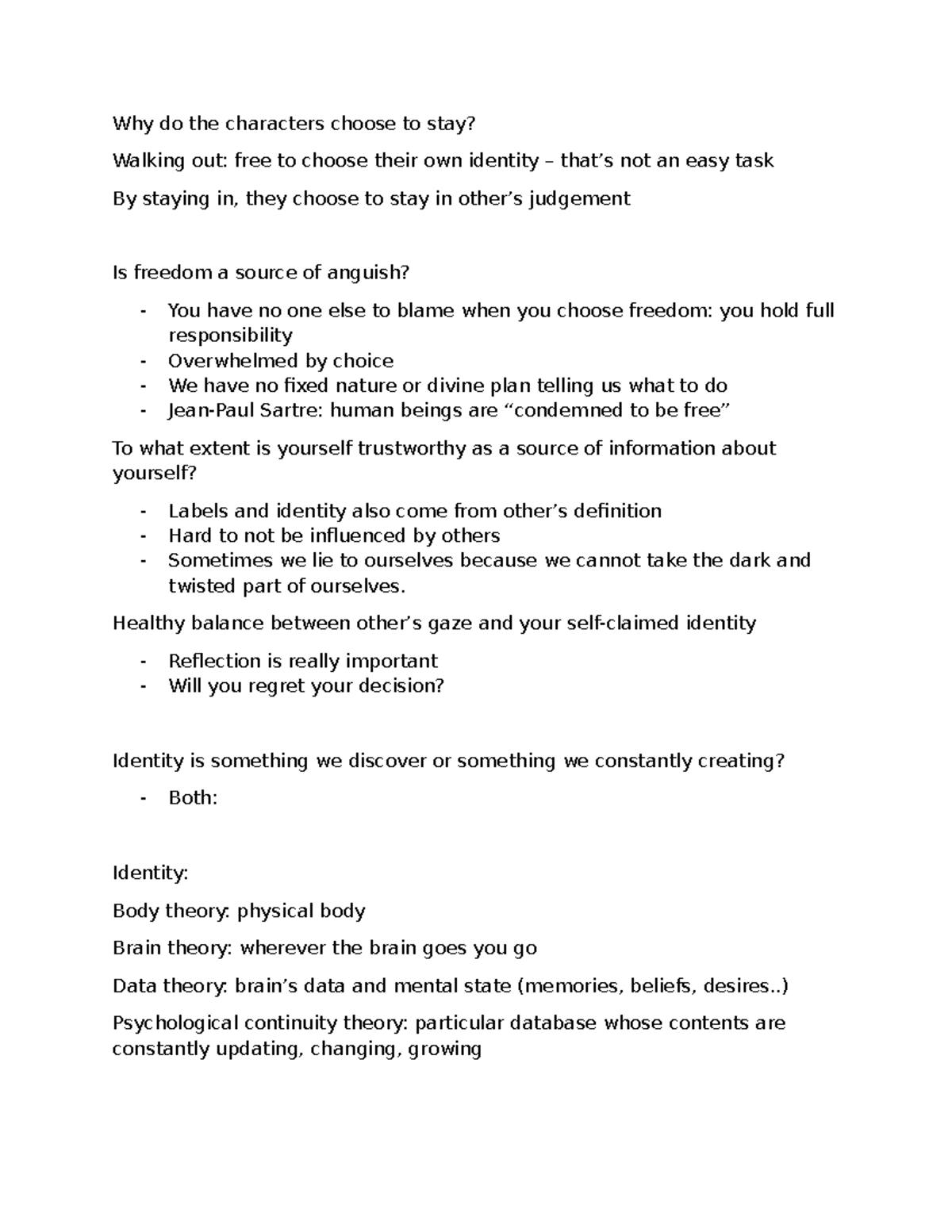 Philosophy 101: Identity and Freedom - Oct 13 Notes - Studocu