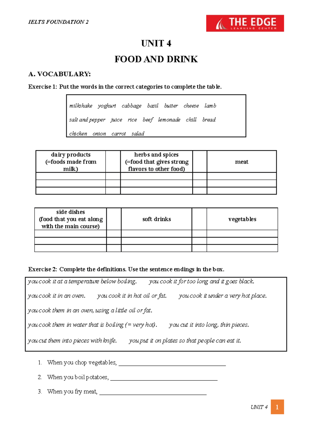 Unit 4 - Teaching English: Food and Drink Vocabulary & Exercises - Studocu