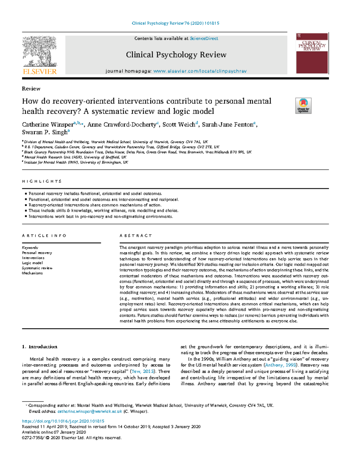 Systematic Review on Recovery-Oriented Interventions in Mental Health ...
