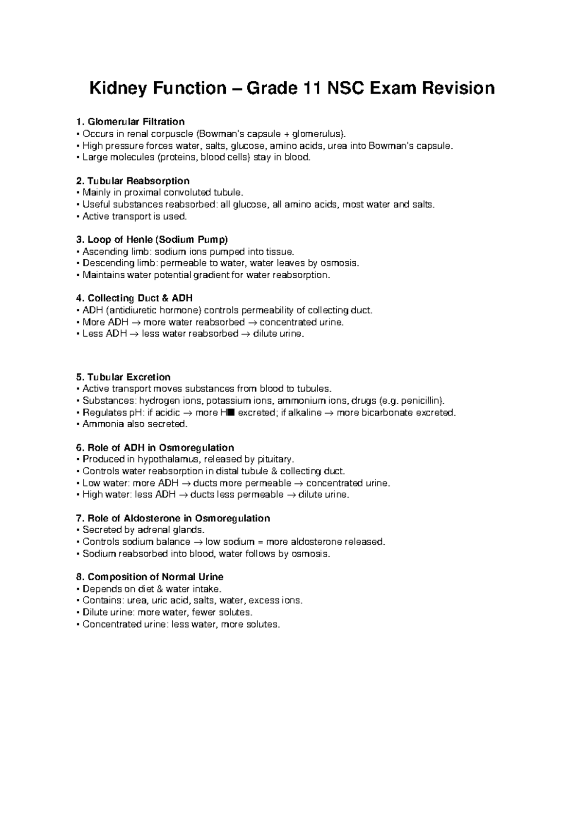 Kidney Function Grade 11 NSC Full Revision Notes - Studocu
