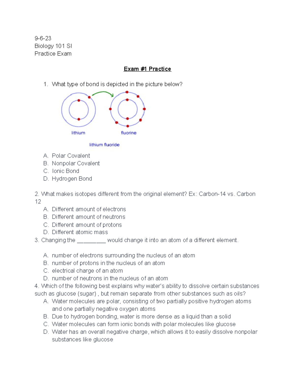 Biology 101: Exam #1 Practice Questions and Study Guide - Studocu