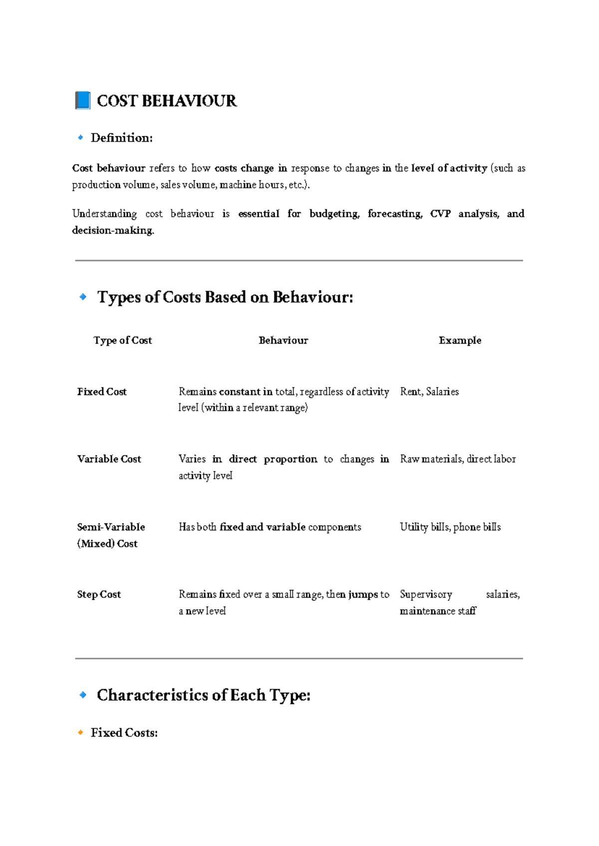 COST 101: Understanding Cost Behaviour and Types of Costs - Studocu