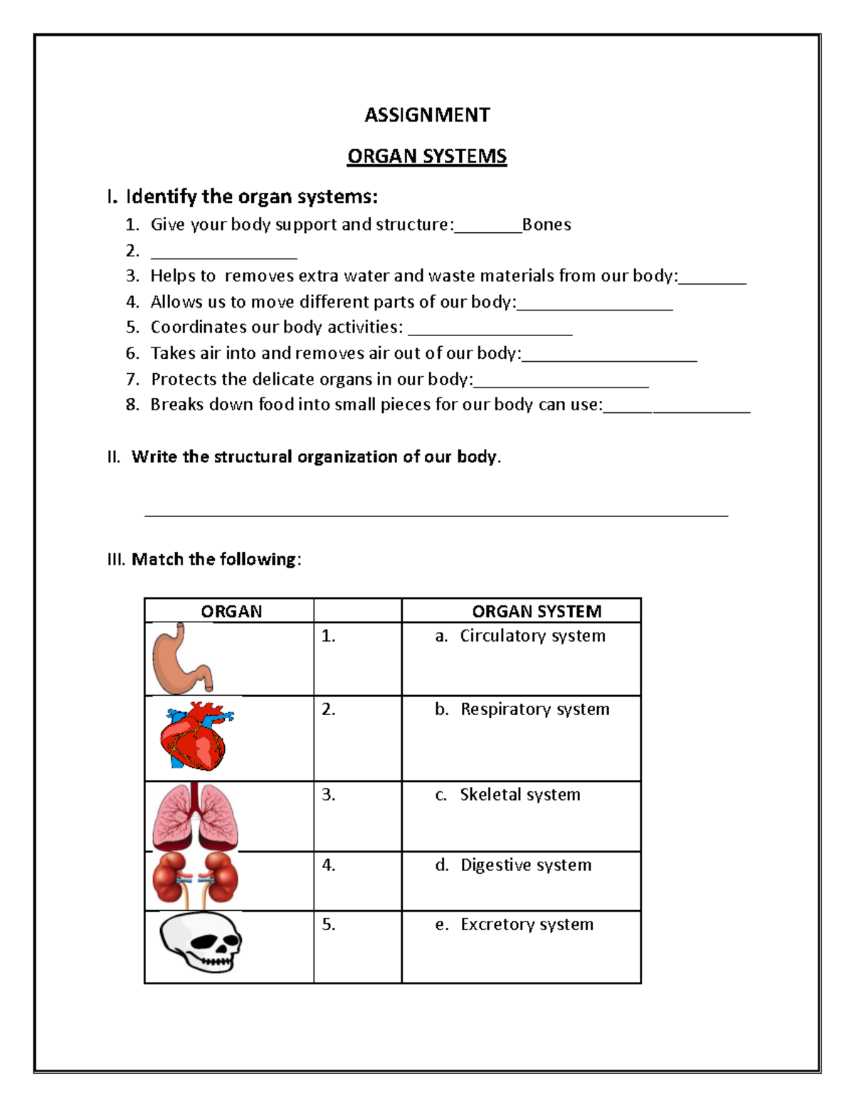 3 assignment science - Worksheet Practice - ASSIGNMENT ORGAN SYSTEMS I ...