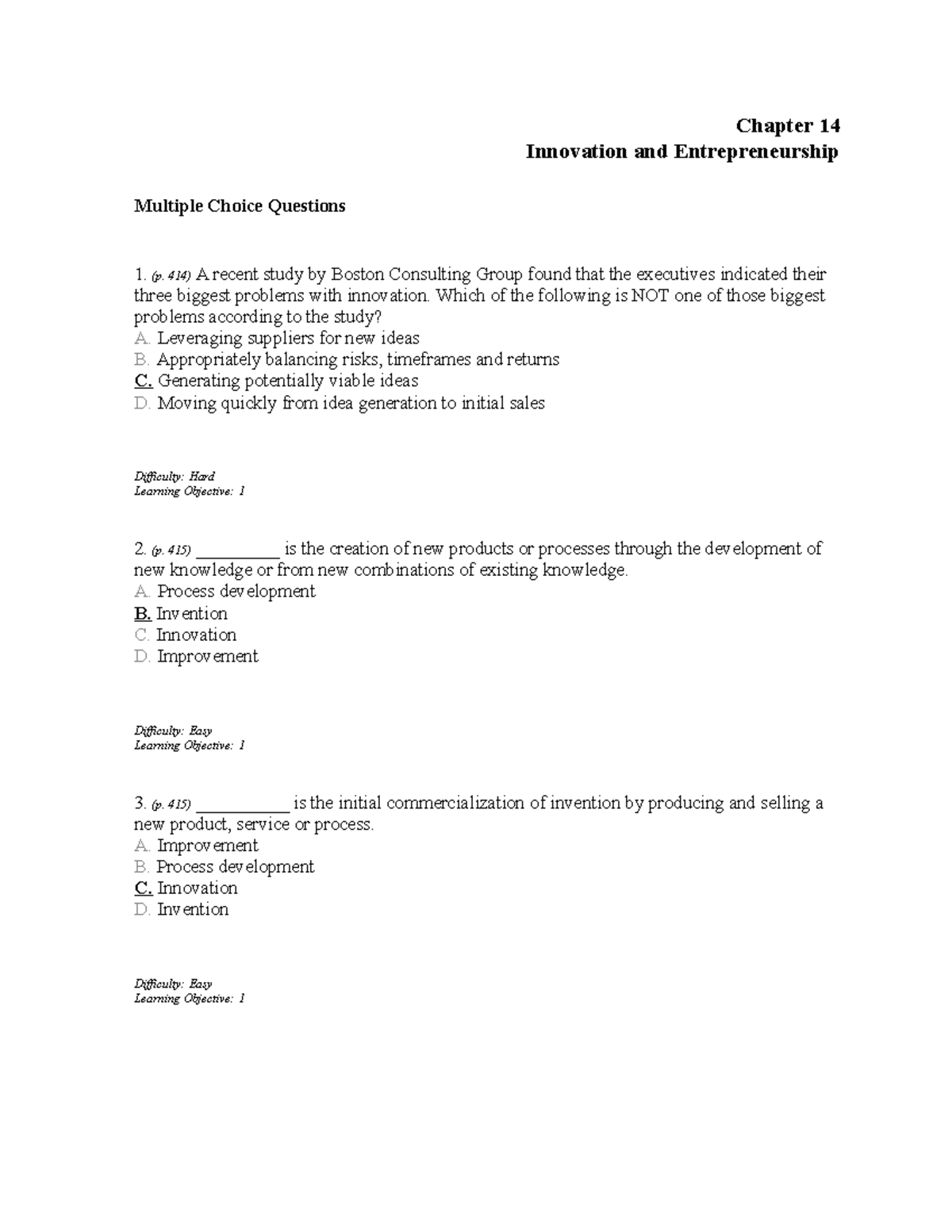 Test Bank for Chapter 14: Innovation and Entrepreneurship Questions ...