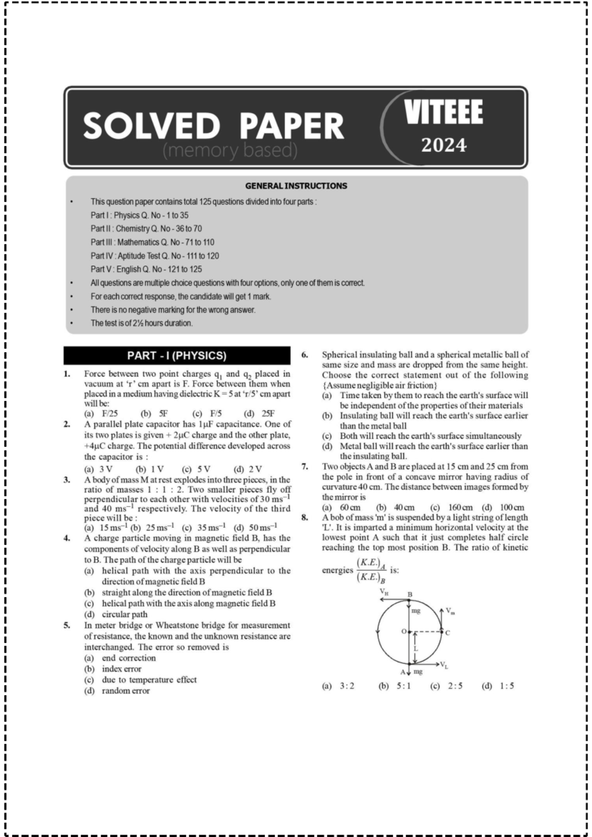 VITEEE 2024 Solved Paper: Memory-Based Questions and Answers - Studocu