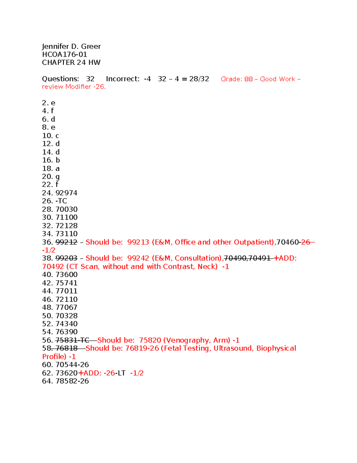 HCOA176-01 CH24HW - Chapter 24 answers - Jennifer D. Greer HCOA176 ...