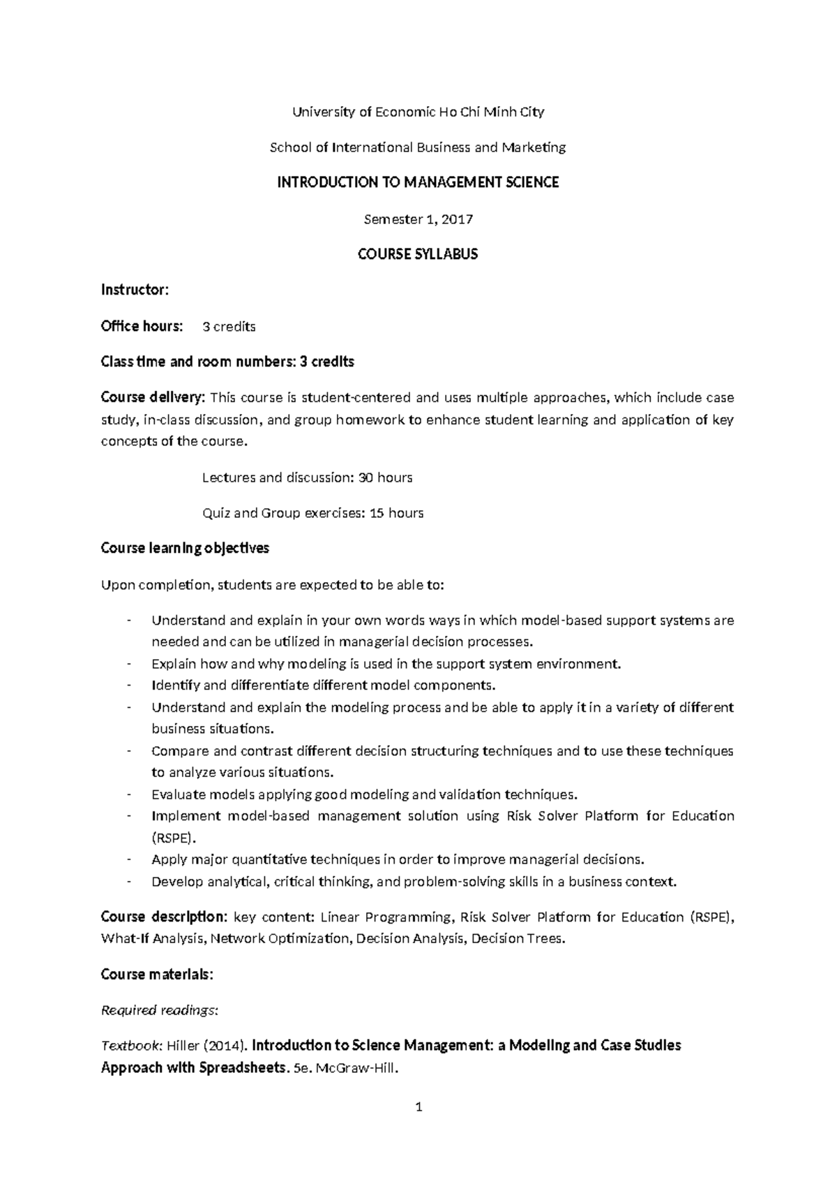 Introduction to Management Science Syllabus LMS-1 (Semester 1, 2017 ...