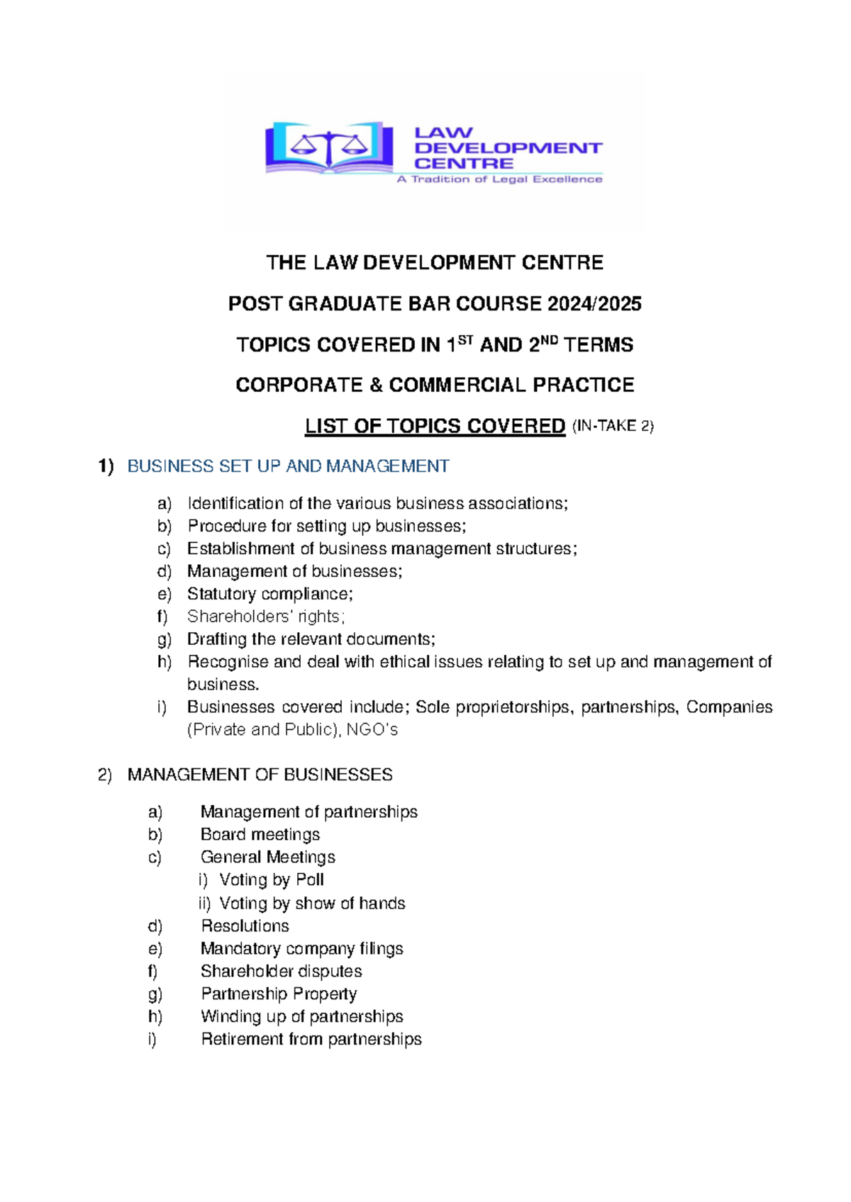 Topics Covered in Terms 1 & 2 - CCP 2025: Corporate Commercial Practice ...