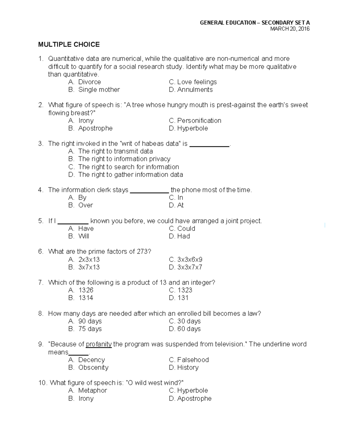GENERAL EDUCATION SECONDARY SET A MARCH 2016 MULTIPLE CHOICE QUESTIONS ...
