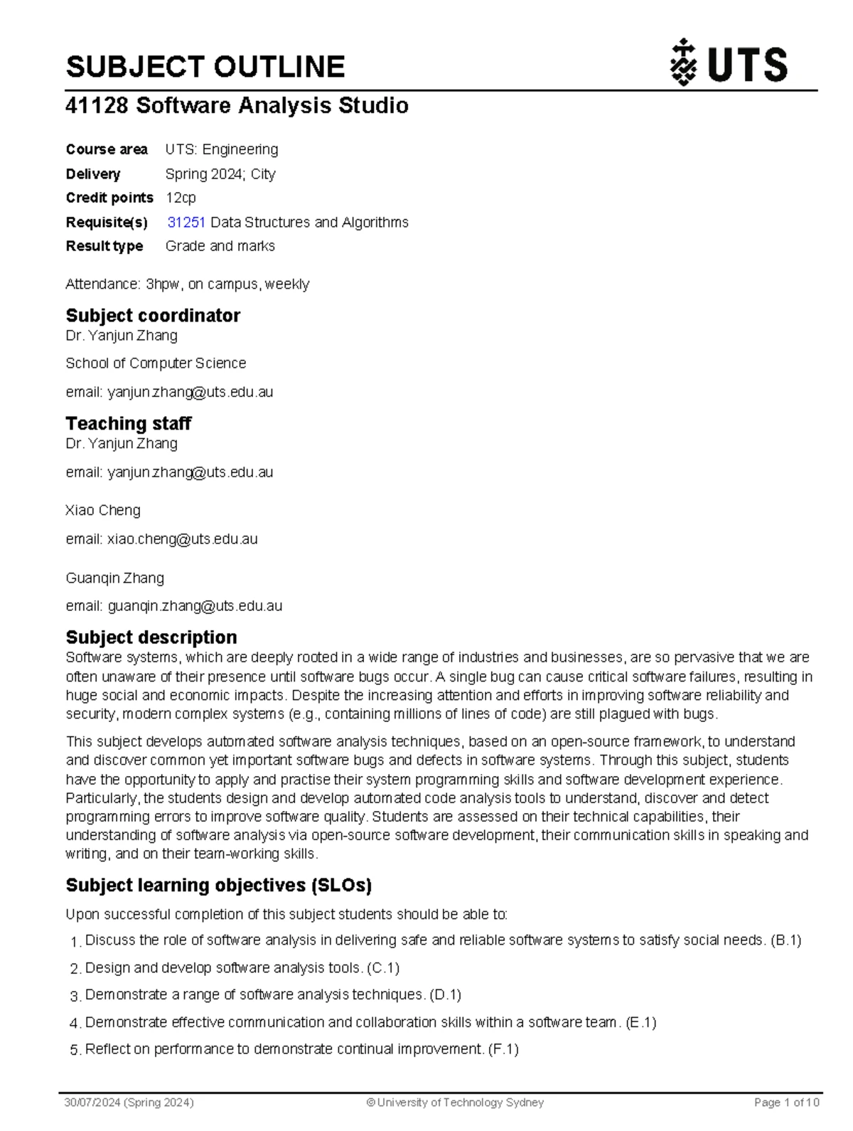 Software Analysis Studio 41128 Subject Outline and Details - Studocu