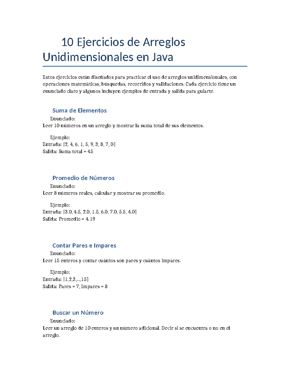 Ejercicios de Arreglos Unidimensionales en Java - Práctica - Studocu