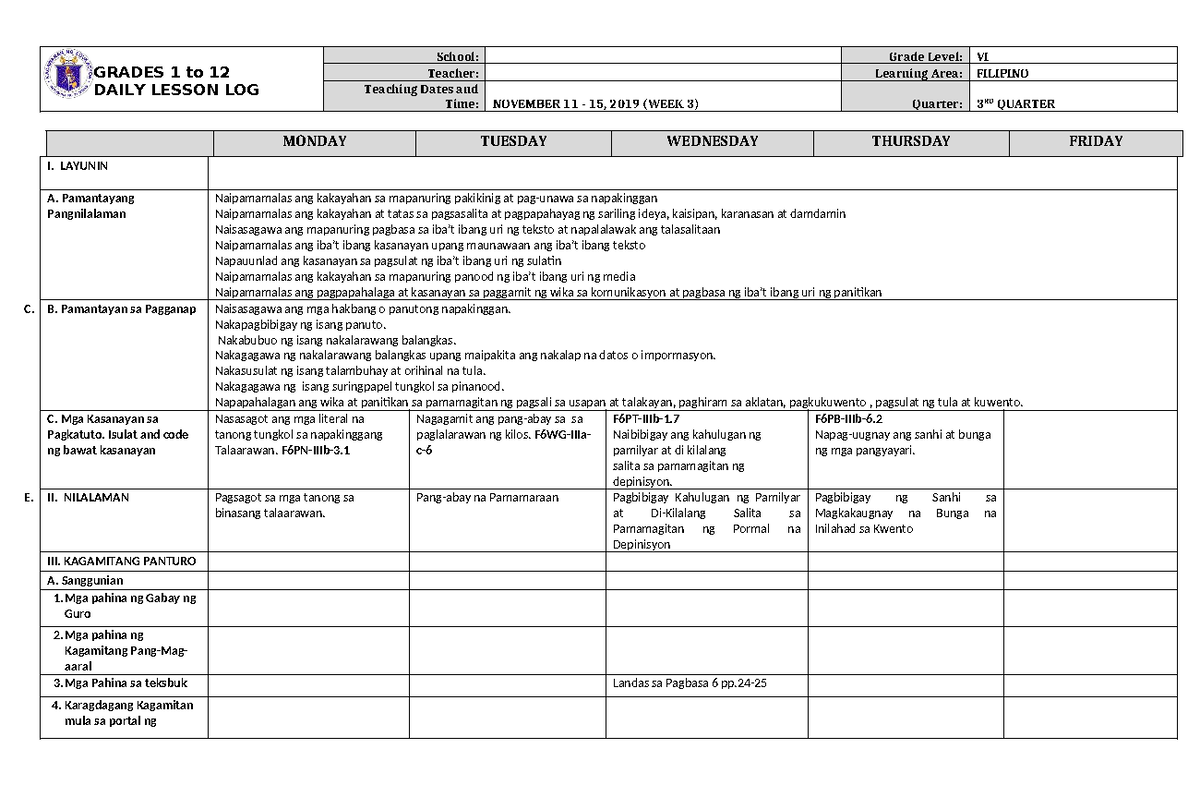 DLL Filipino 6 Q3 W3 - Daily Lesson Log and Activities - Studocu