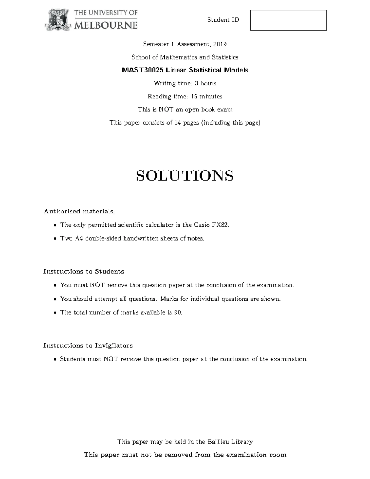 LSM Exam Solutions 2024 - MAST30025 Linear Statistical Models - Studocu
