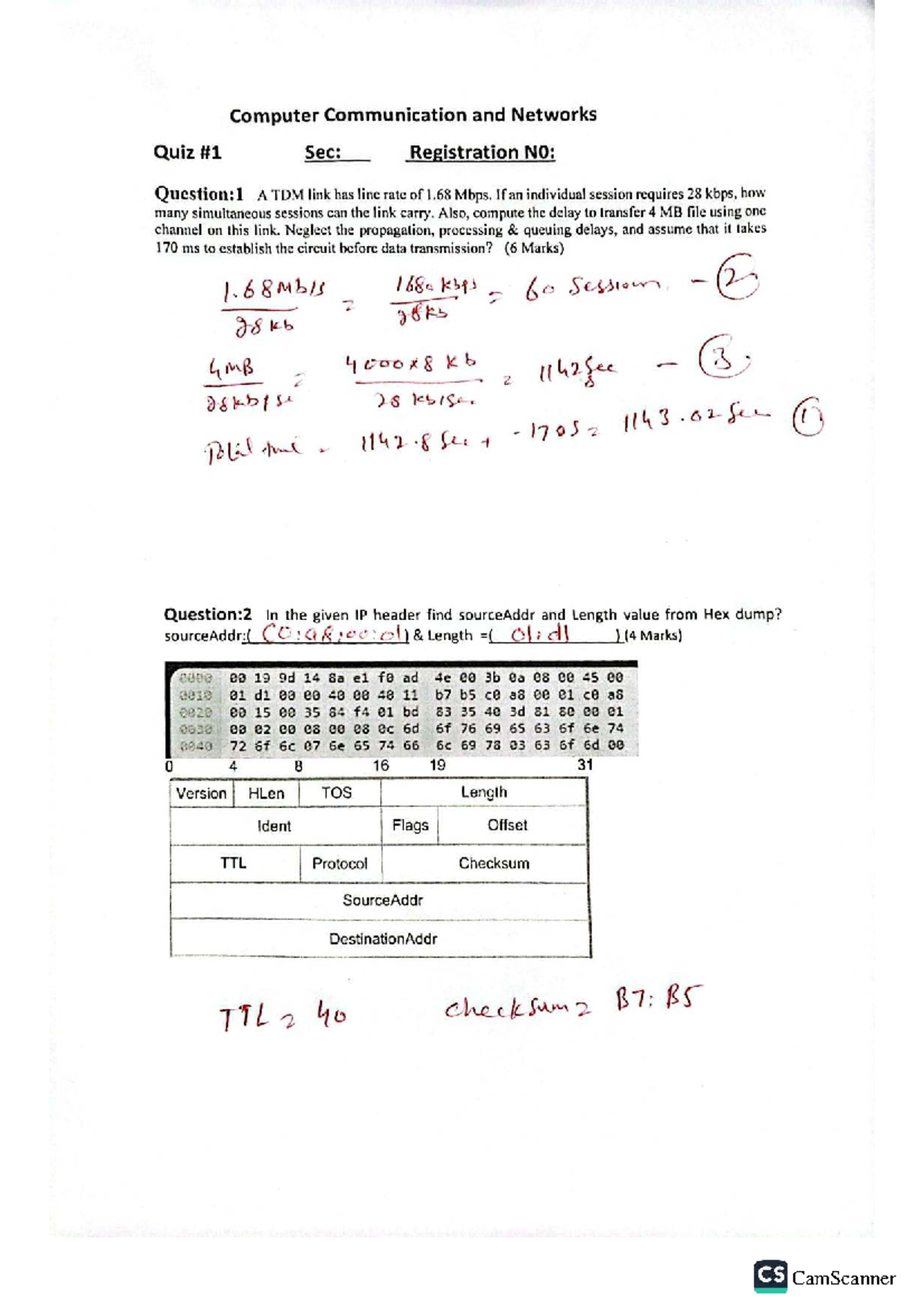 Computer Communication and Networks Quiz 1 Solutions - Studocu