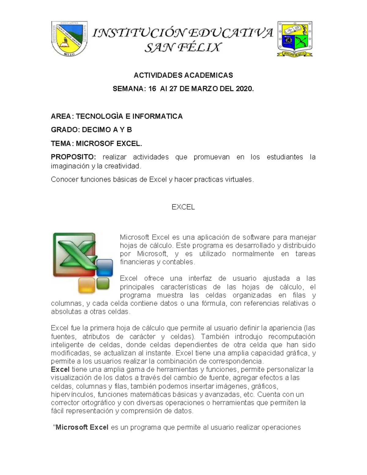 Actividades de Excel para Tecnología e Informática 10 A y B - Document Preview