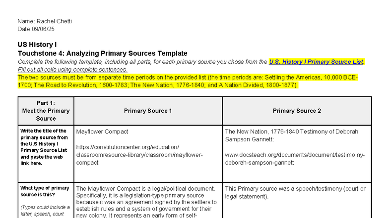 US History I Touchstone 4: Analyzing Primary Sources Template - Studocu