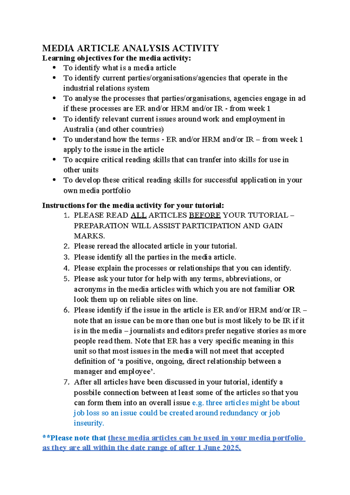 MEDIA ARTICLE ANALYSIS ACTIVITY: ER, HRM, and IR Issues in Australia ...