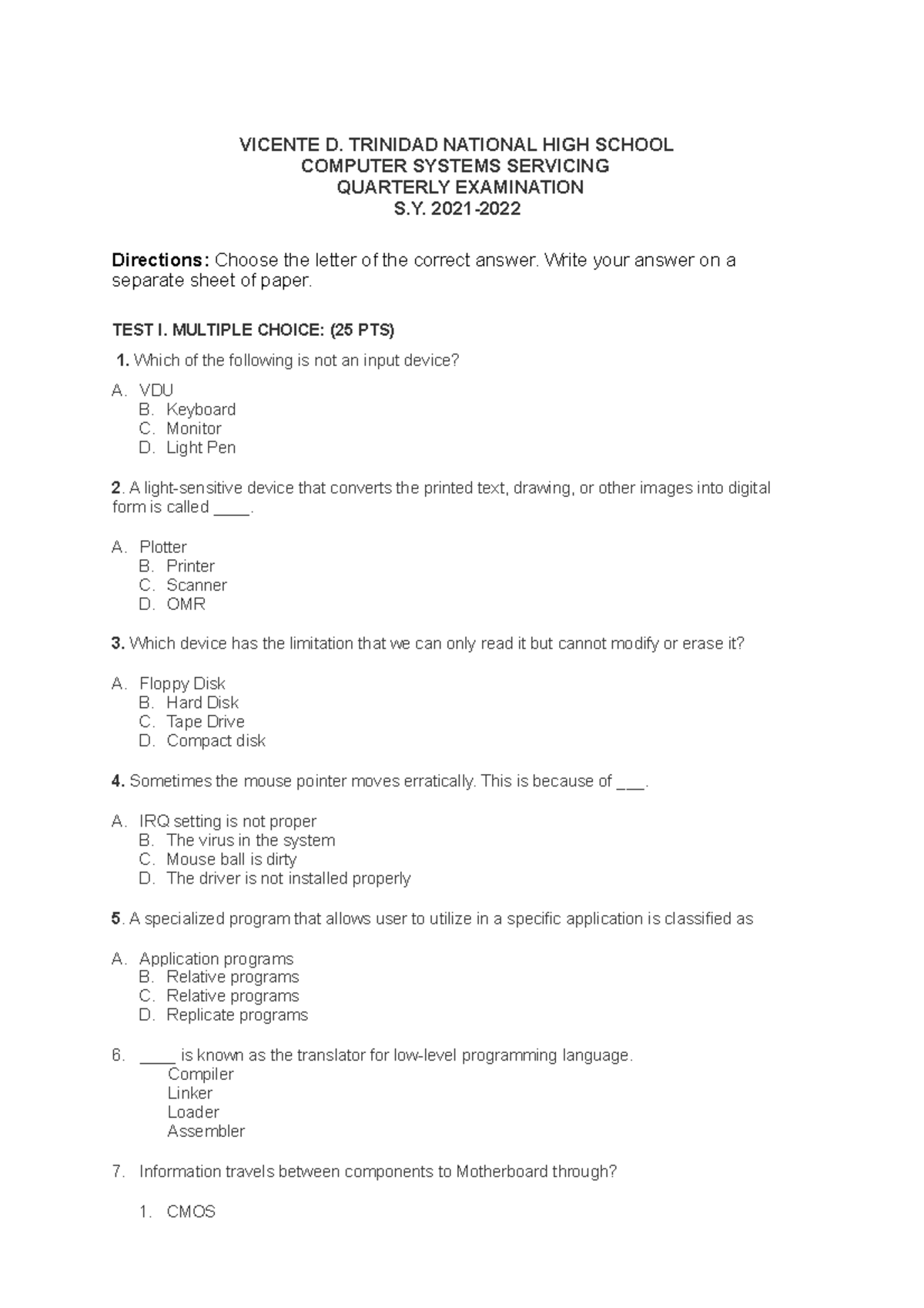Summative Quarterly Exam for CSS 11 - 4th Quarter S.Y. 2021 - Studocu